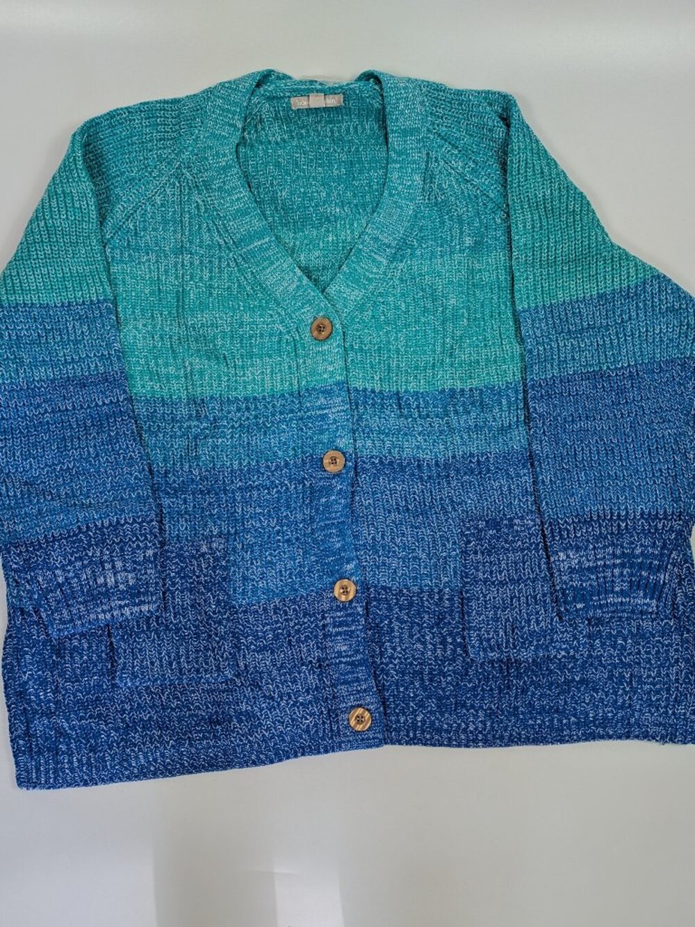 Woman Within Cable Knit Button Up Cardigan Blue Green Ombre 4X NWT